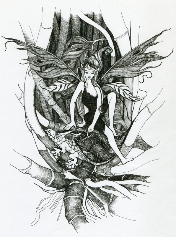 Black-and-white fairy ridinag a turtle among tree branches tattoo design