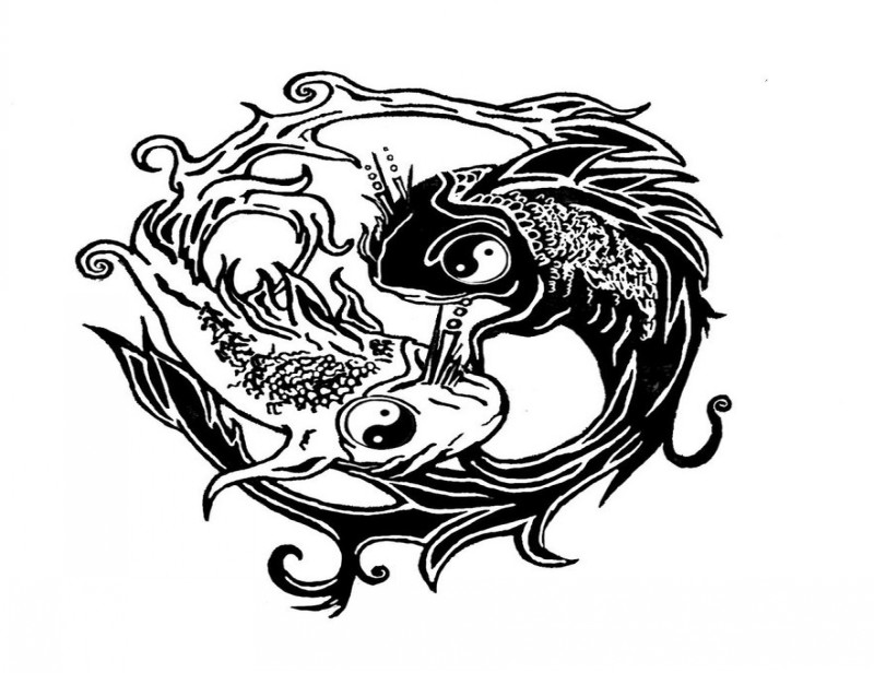 Black-and-white fish couple with yin yang eyes tattoo design by Saramira