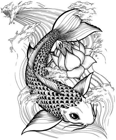 Black-and-white fish swimming in water flow tattoo design