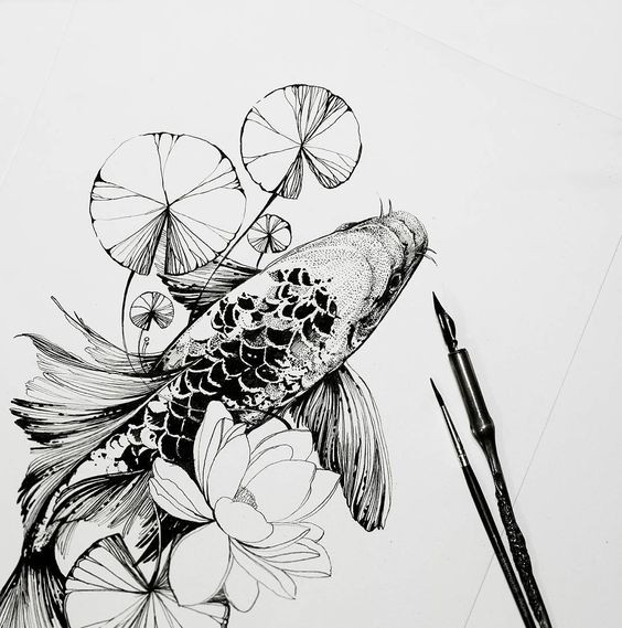 Black-and-white fish with flowers tattoo design