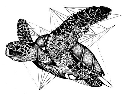 Black-and-white flying turtle and geometric drawings tattoo design