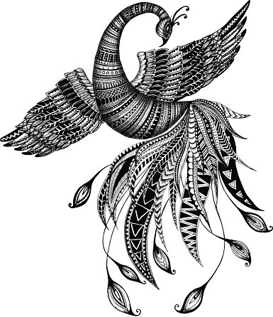 Black-and-white folk-stylized phoenix bird tattoo design