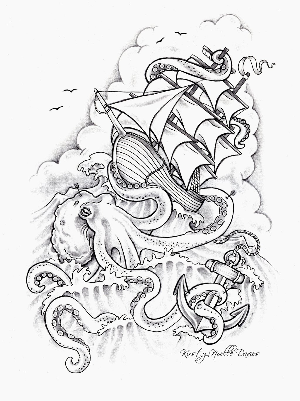 Black-and-white furious octopus crashing a ship tattoo design