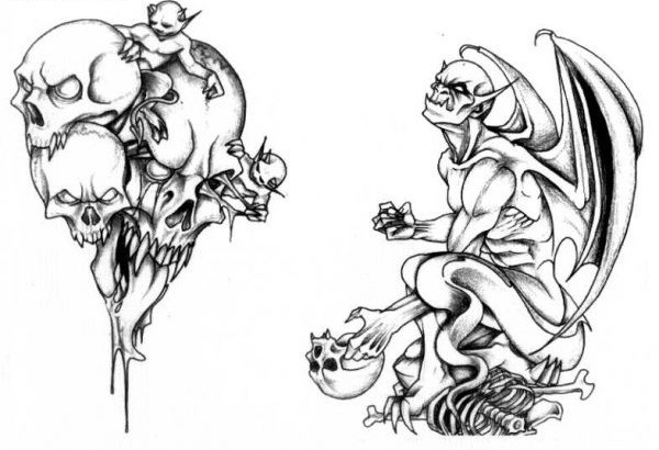 Black-and-white gargoyles playing with human skulls and skeletons tattoo design