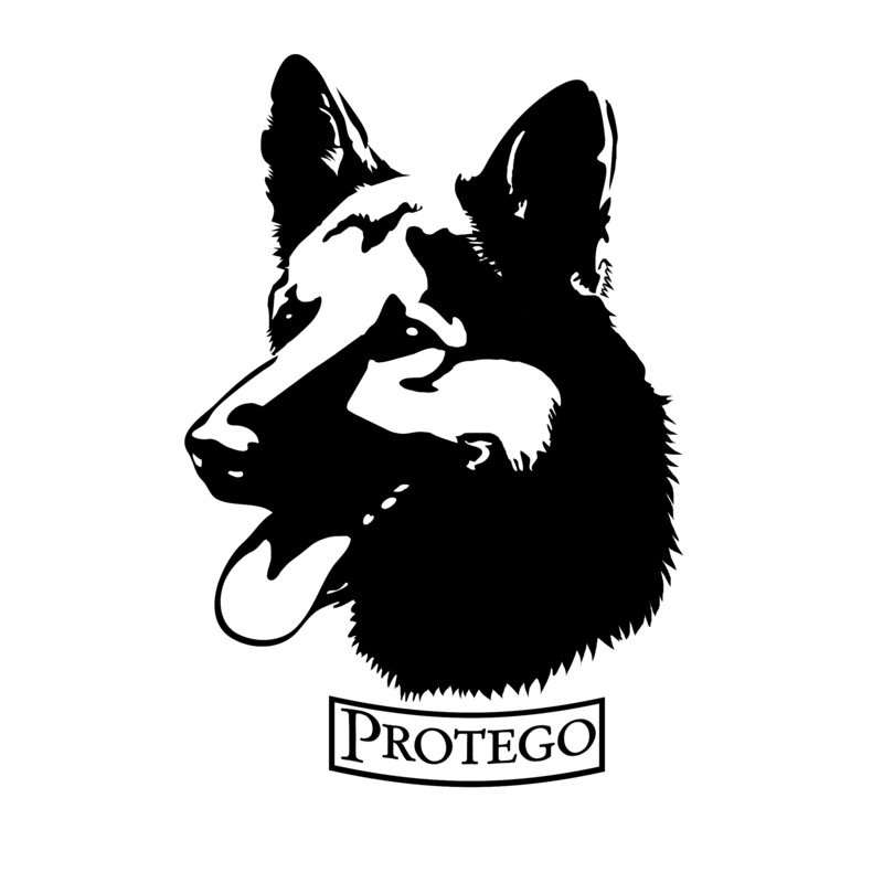 Black-and-white german shepherd head and banner tattoo design by Oni Baba