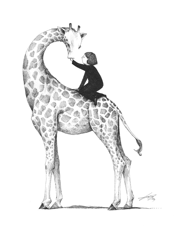 Black-and-white giraffe and a child sitting on back tattoo design by Spowys