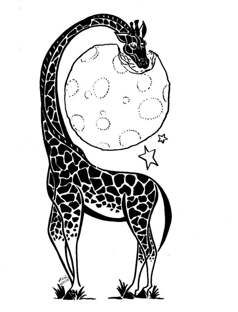 Black-and-white giraffe eating a moon tattoo design