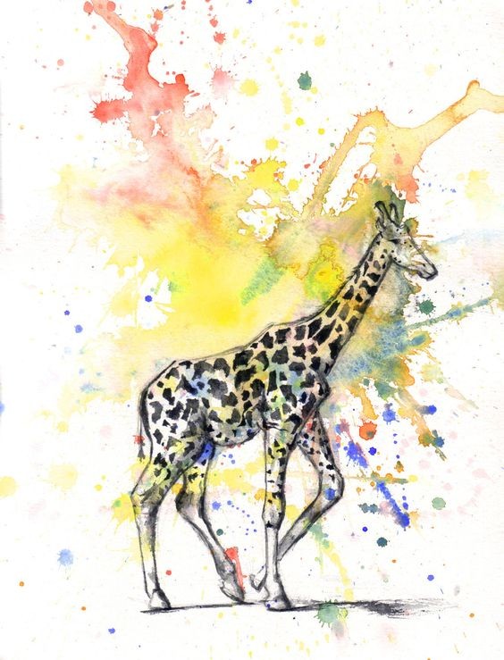 Black-and-white giraffe walking on red-and-yellow watercolor background tattoo design