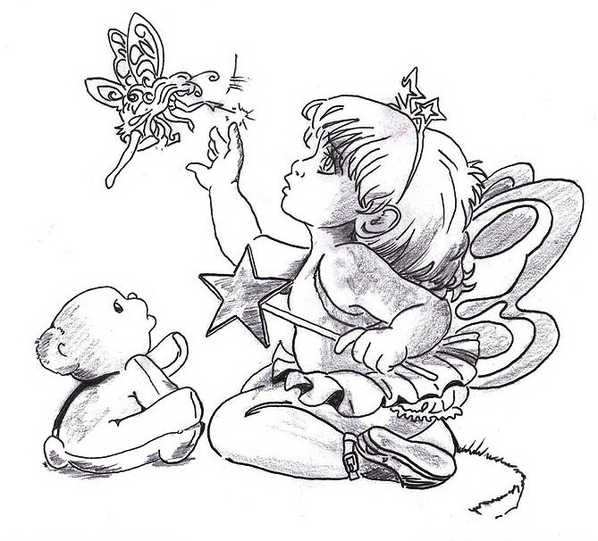 Black-and-white girl with a star wand playing with a real tiny fairy tattoo design