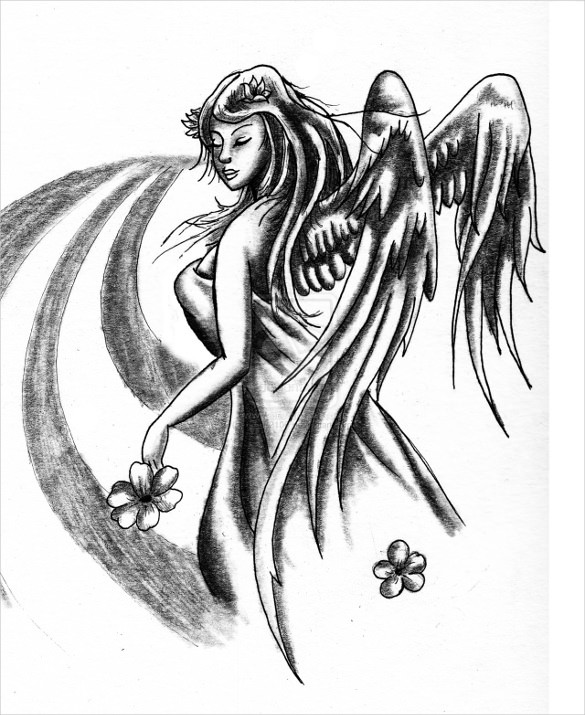 Black-and-white guardian angel girl tattoo design