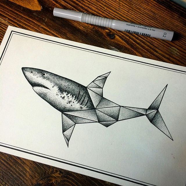 Black-and-white half-origami shark tattoo design