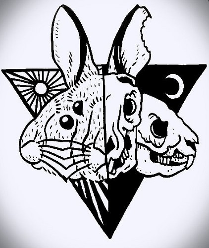 Black-and-white half-scalpeled rabbit trio on triangle bakground tattoo design