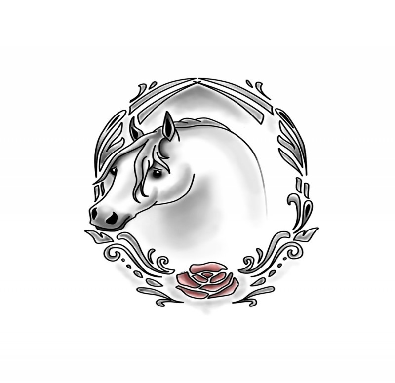 Black-and-white horse in herbal frame tattoo design