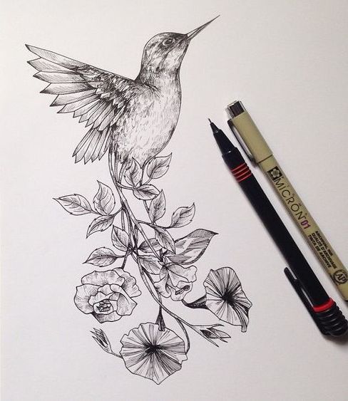 Black And White Hummingbird With Flowered Tail Tattoo Design Tattooimages Biz