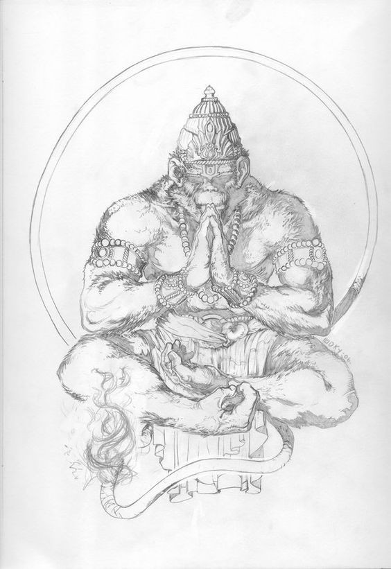 Black-and-white indial praying monkey tattoo design