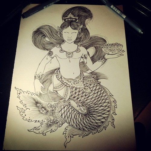 Black-and-white indian-style mermaid with dish in a hand tattoo design