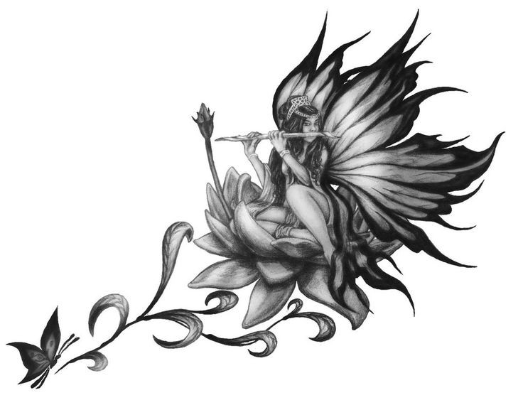 Black-and-white indian fairy playing a reed pipe sitting in a lotus bud tattoo design