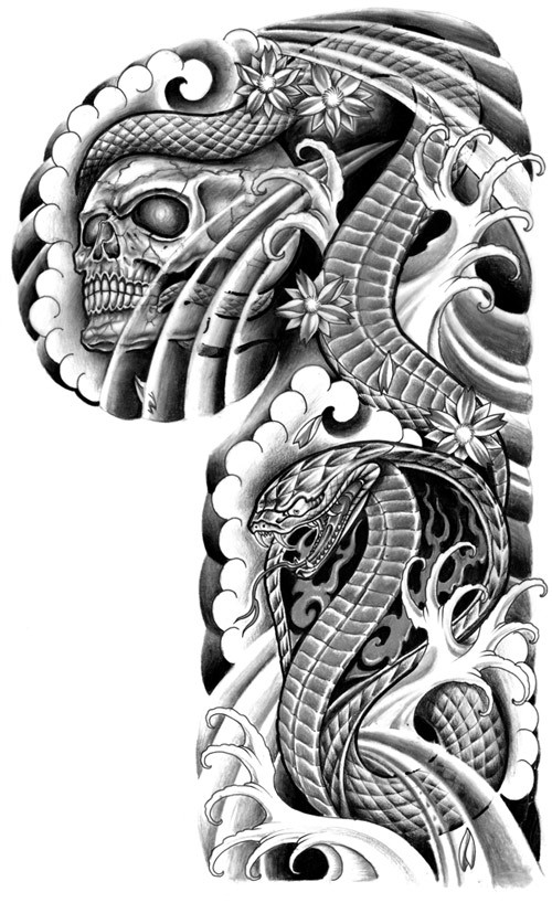 Black-and-white japanese cobra snake and skull in cherry blossom tattoo design