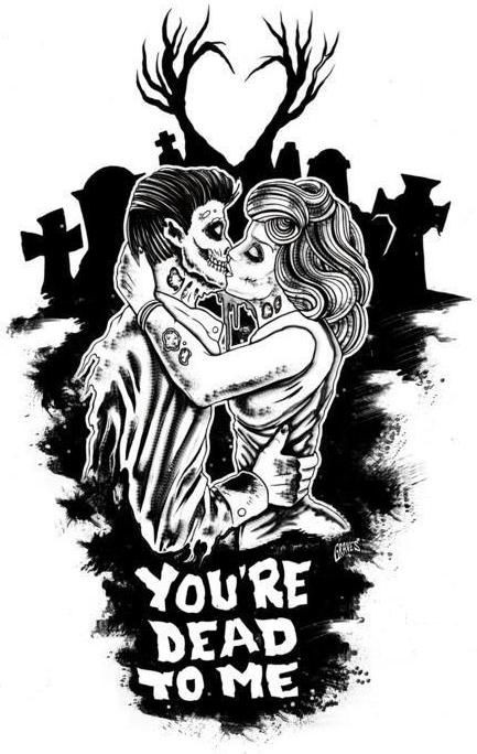 Casal de zumbi beijando em preto e branco com desenho de tatuagem de letras