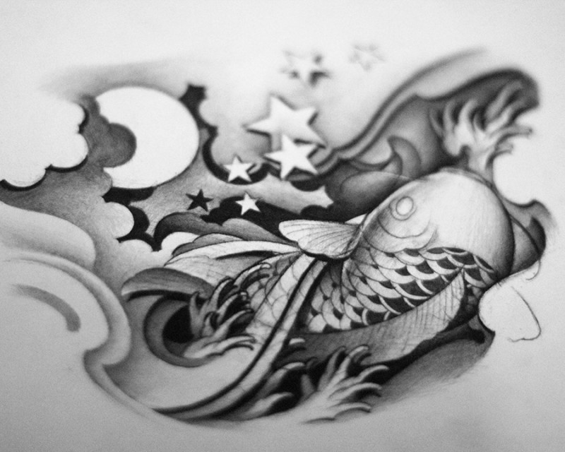 Black-and-white koi fish and stars tattoo design