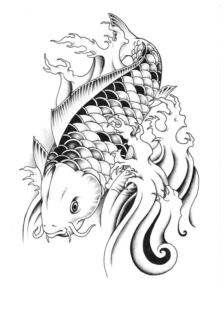 Black-and-white koi fish tattoo design by Unicycle Babyguy