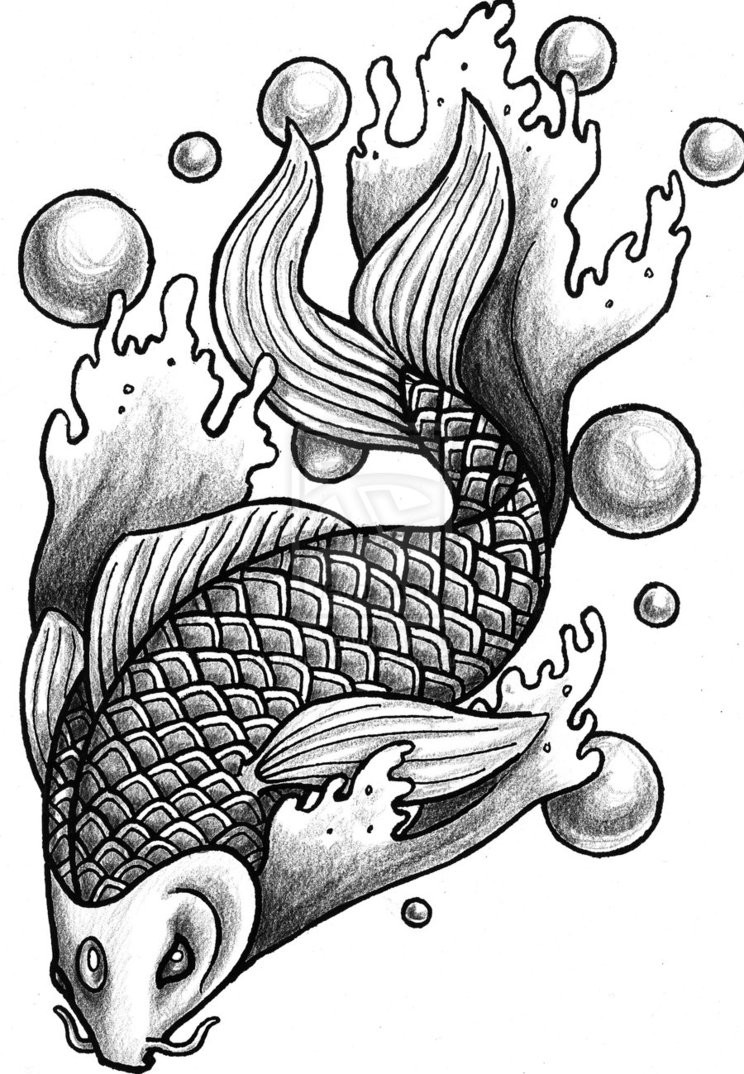 Black-and-white koi fish with bubbles tattoo design by Dragon Wings13