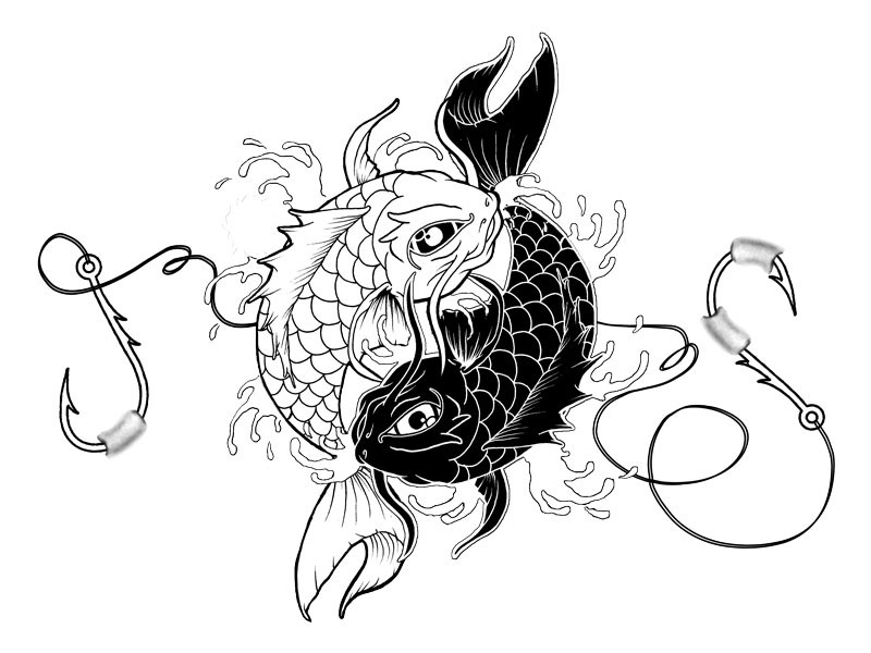 Black-and-white koi fish with hooks tattoo design