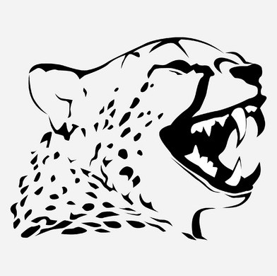 Black-and-white laughing leopard head tattoo design