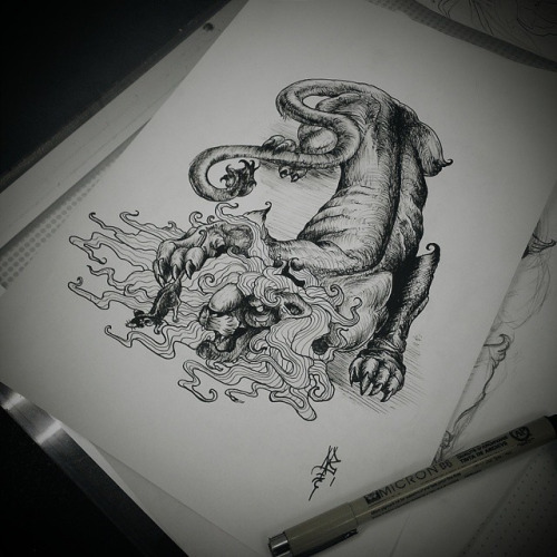 Black-and-white lion in chinese style tattoo design