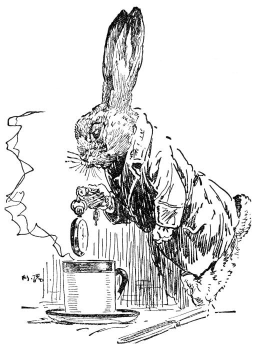 Black-and-white march hare putting his clock into cup tattoo design