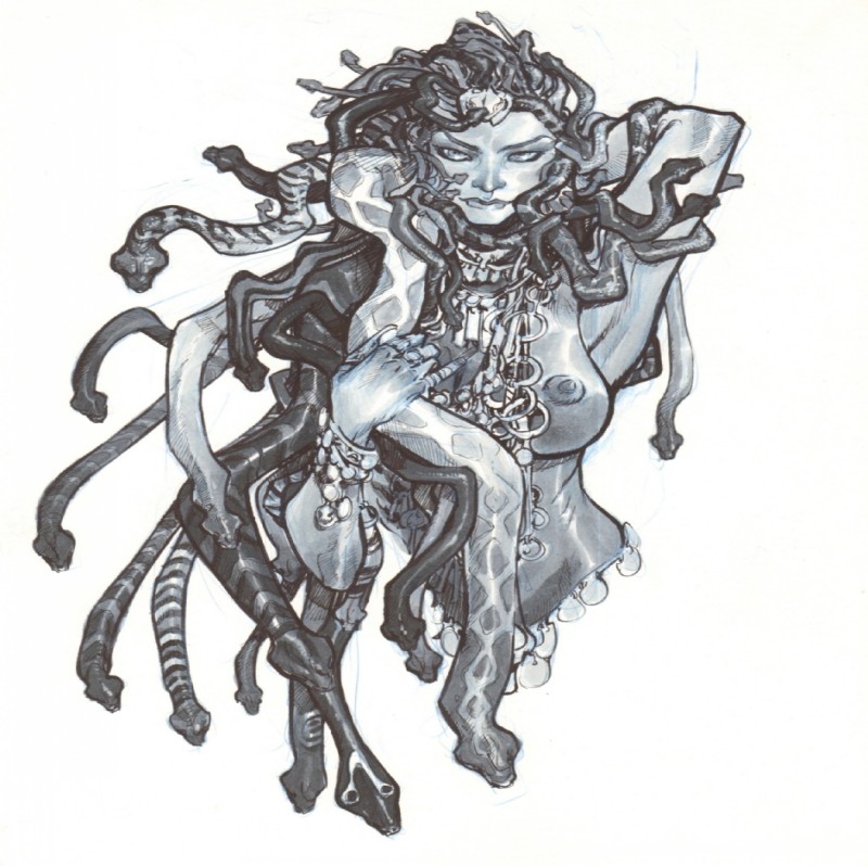 Black-and-white medusa gorgona with a lot of other snakes tattoo design