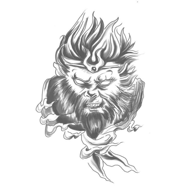 Black-and-white monkey king in crown tattoo design