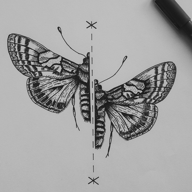 Black-and-white moth separated with dotted line tattoo design