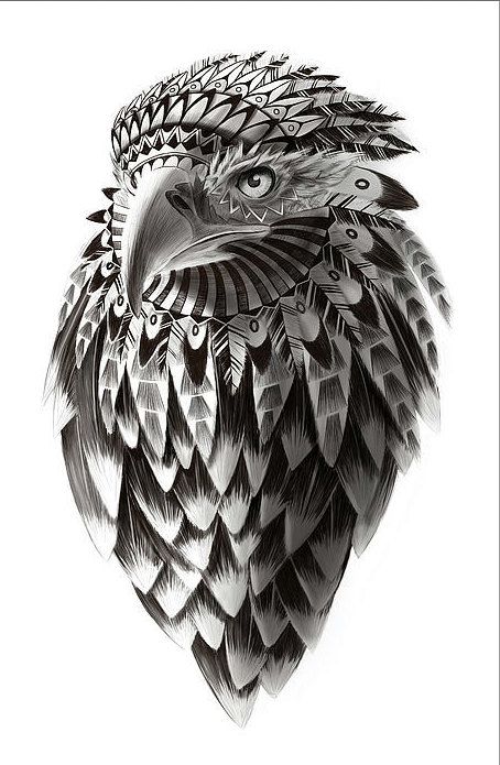 Black-and-white native american eagle portrait tattoo design