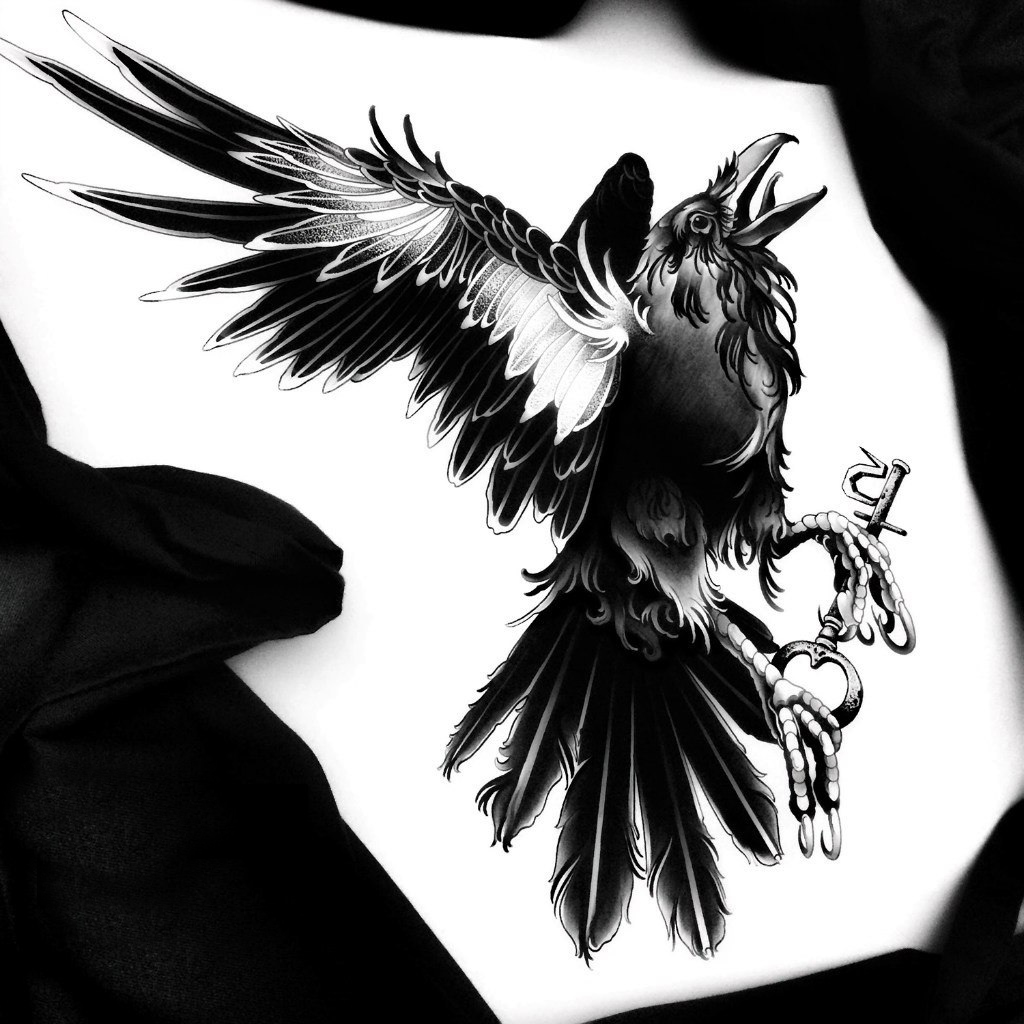 Black-and-white new school crying raven tattoo design