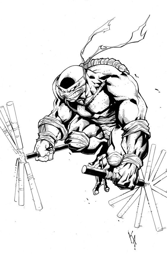 Black-and-white ninja mutant turtle attacking his enemy tattoo design
