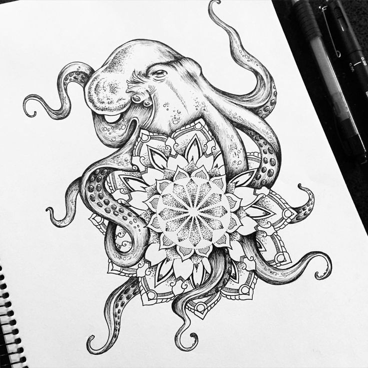 Black-and-white octopus protecting his mandala tattoo design