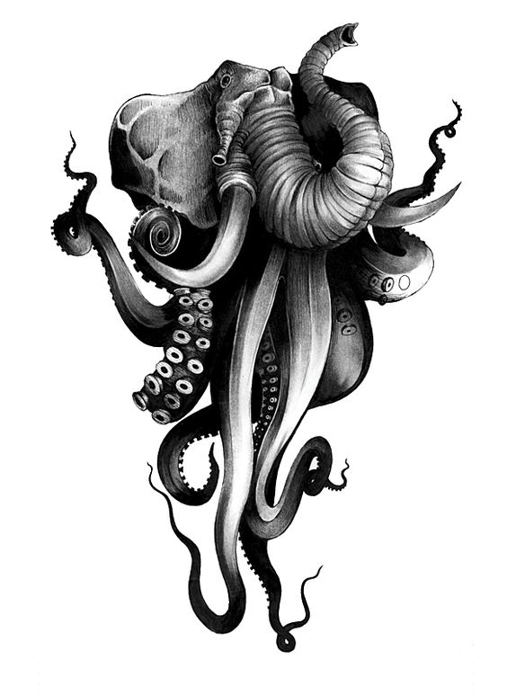 Black-and-white octopus with elephant head tattoo design - Tattooimages.biz