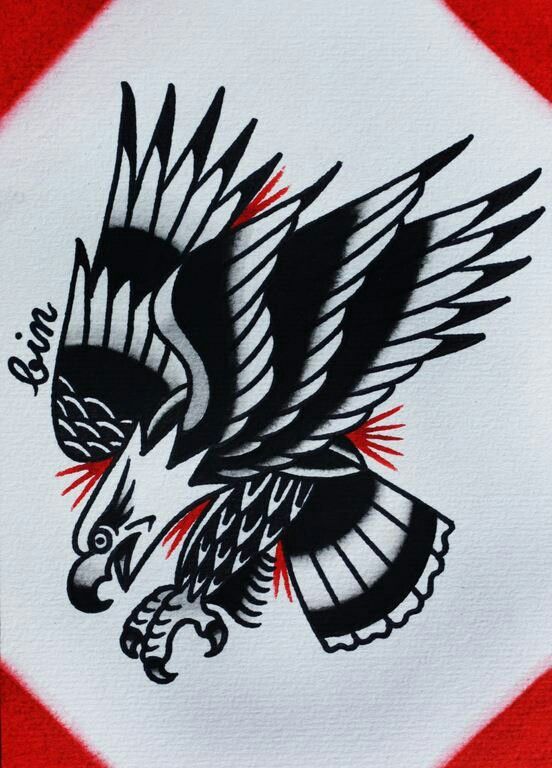 Black-and-white old school attacking eagle on red shining sun background tattoo design
