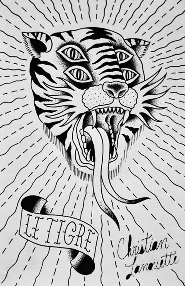 Black-and-white old school bifurcated animal head with snake tongue tattoo design