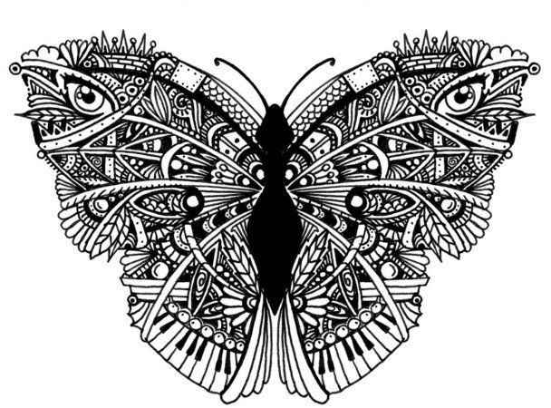 Black-and-white ornamented butterfly with eyes and piano keys tattoo design