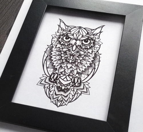 Black-and-white owl with mandala elements tattoo design