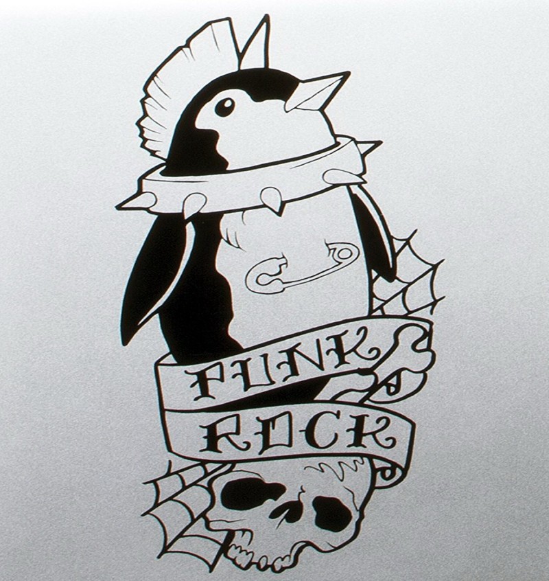 Black-and-white penguin punk in spiny collar curled with banner tattoo design