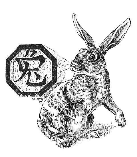 Black-and-white rabbit with chinese symbol tattoo design