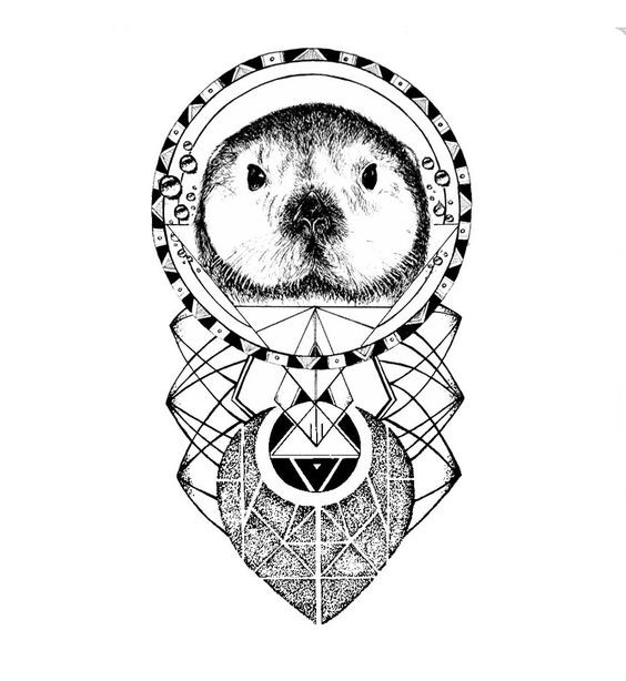 Black-and-white rodent muzzle with difficult geometric ornament tattoo design
