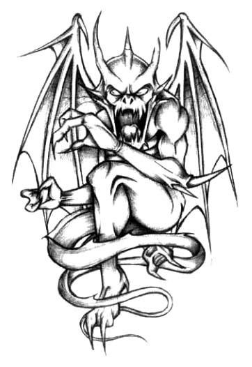 Desenho de tatuagem de gárgula gritando preto e branco