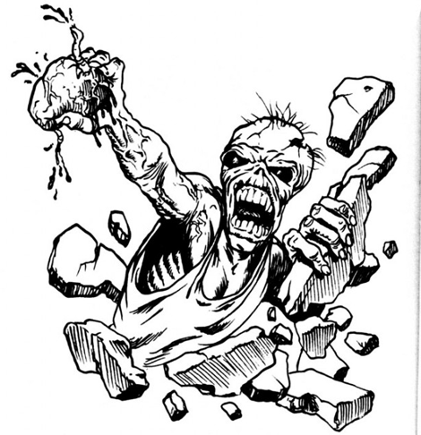Black-and-white screaming zombie with a heart and crashed bricks tattoo design