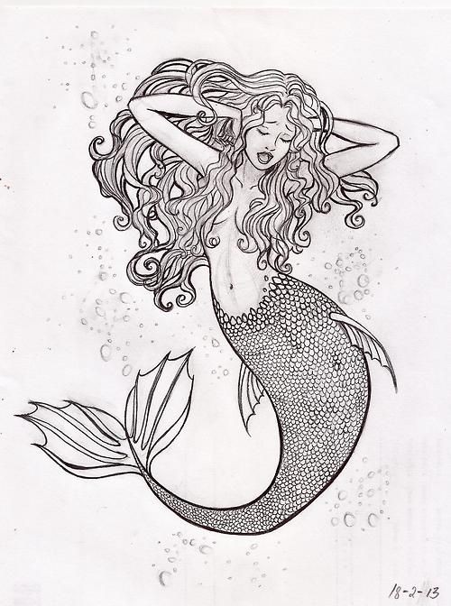 Black-and-white singing mermaid and a lot of bubbles tattoo design