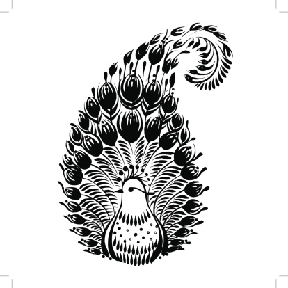 Black-and-white sitting peacock tattoo design