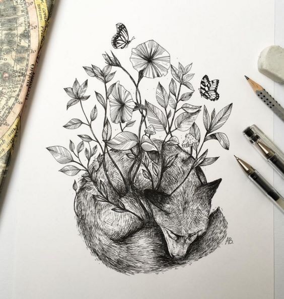 Black-and-white sleeping fox and herbal growings tattoo design